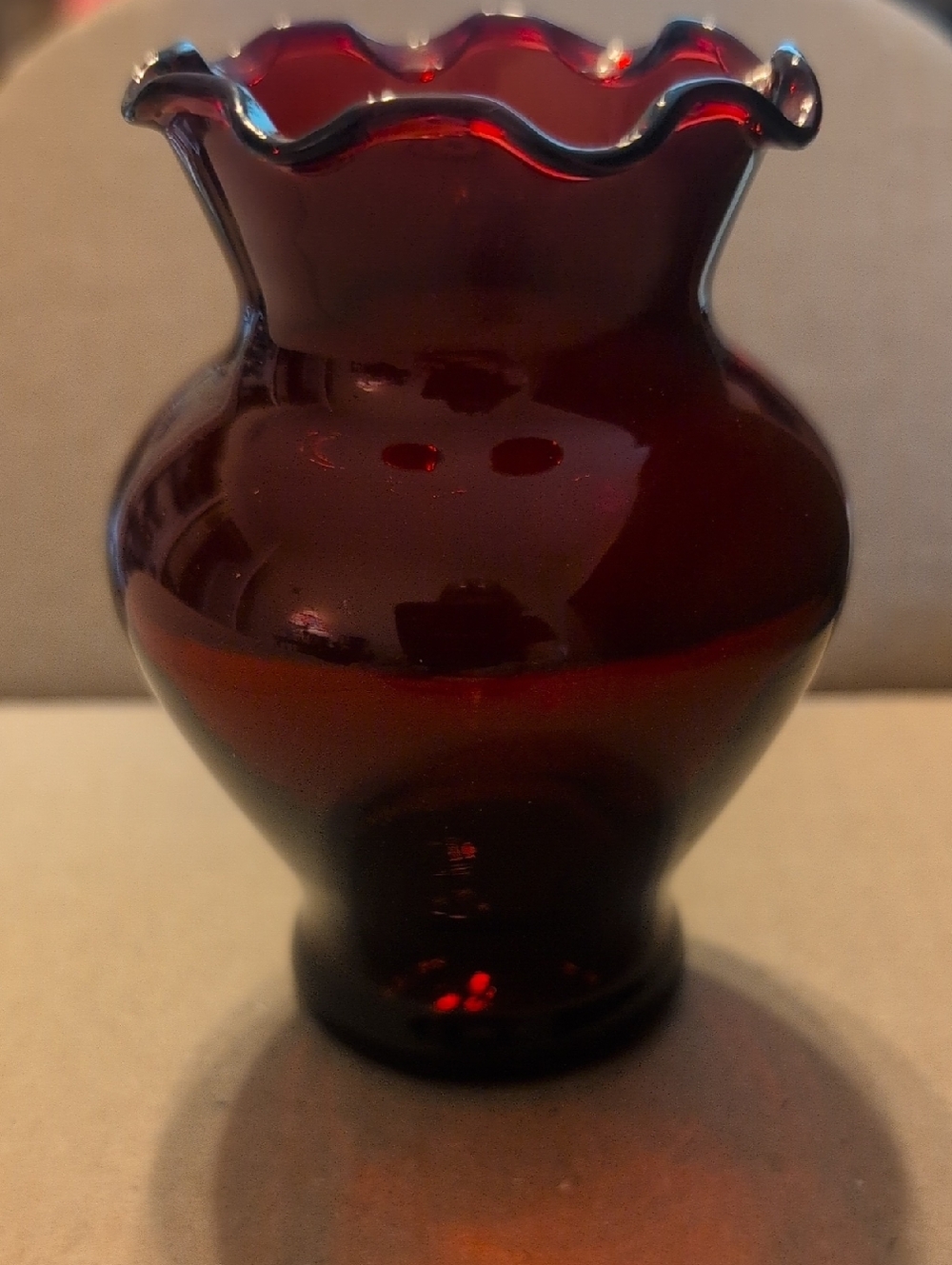 Anchor Hocking Ruby Red Ruffled Glass Vase Vintage